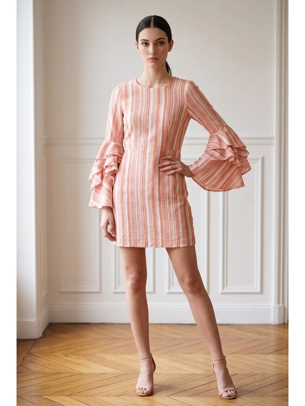 Maggy London Stripe Ruffle Sleeve Sheath Dress Apricot /White Vertical Stripe